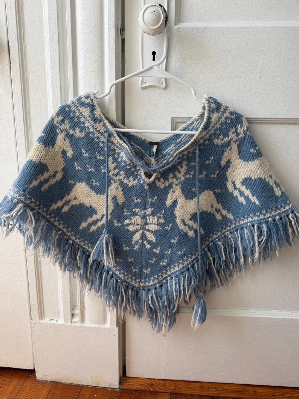 Free People Blue and Cream Fair Isle Fringe Poncho